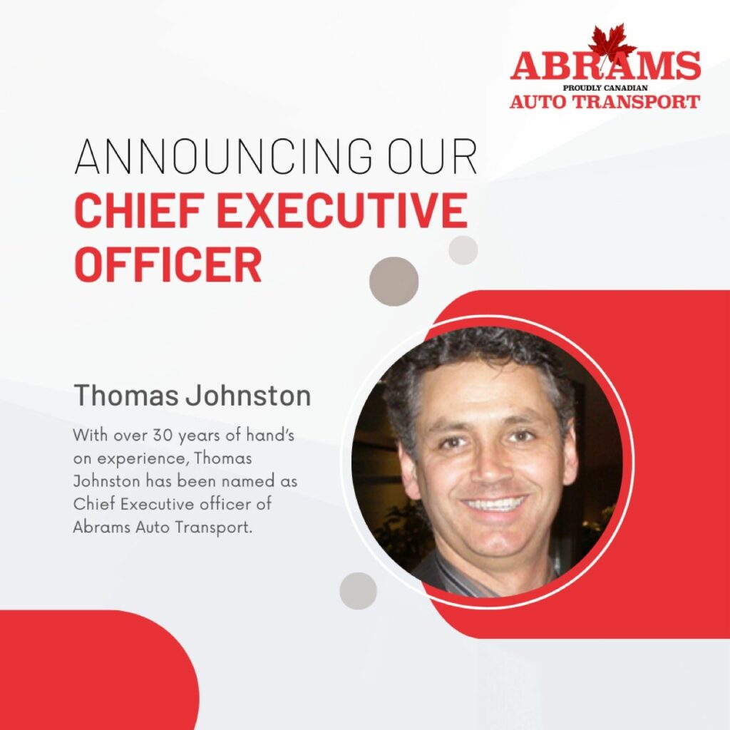 The image is the announcement of Thomas Johnston promoted to CEO at Abrams Auto Transport