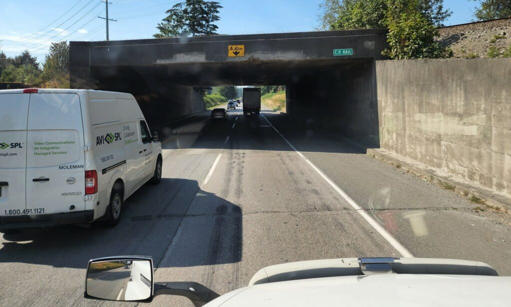 Traffic flows under a bridge on Highway 1 in B.C.