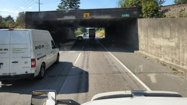 Traffic flows under a bridge on Highway 1 in B.C.