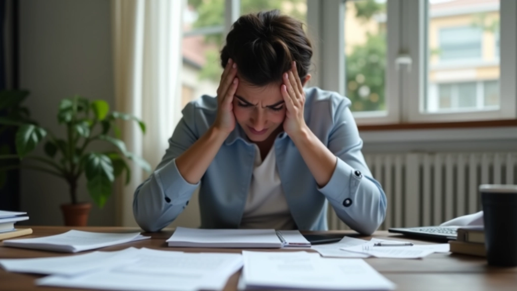 Pessoa frustrada olhando para uma lista comprida de tarefas não completadas numa mesa desordenada