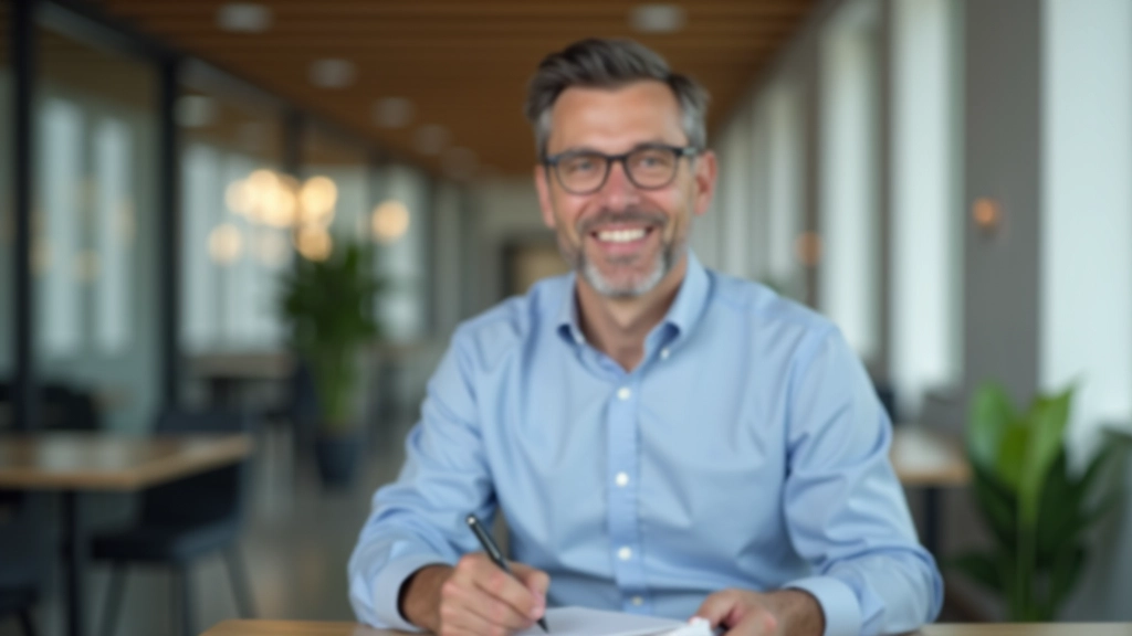Pessoa em reunião de trabalho, sorrindo e tomando notas num bloco de papel
