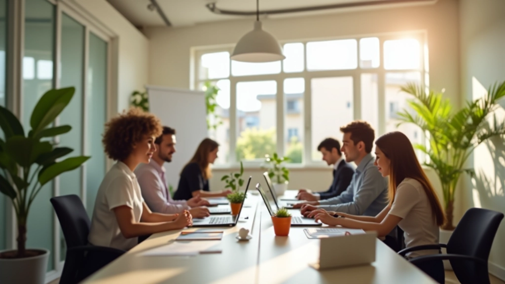 Ambiente colaborativo moderno com profissionais em espaço de trabalho inspirador