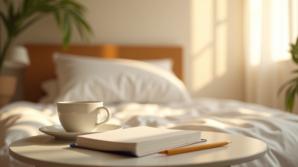 Configuração de rotina matinal numa cama, luz natural, caderno e café numa bandeja