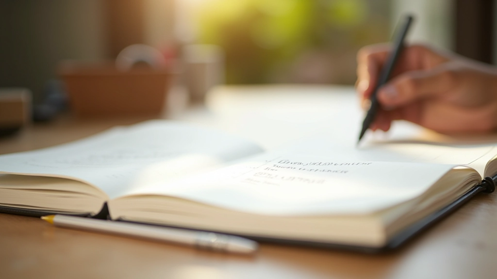 Caderno aberto com caneta ao lado mostrando escrita de objetivos manuscritos com marcadores de cores diferentes em uma mesa de trabalho limpa