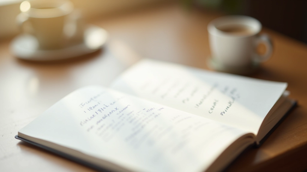 Caderno aberto com anotações manuscritas e xícara de café numa mesa de trabalho