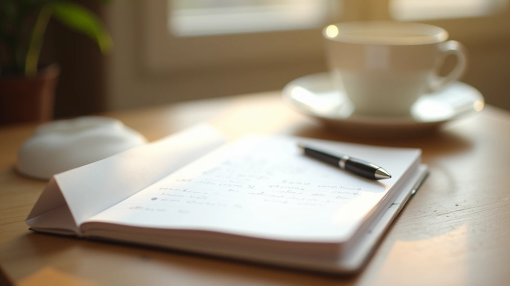Caderno aberto numa secretária com caneta e xícara de café ao lado, luz matinal