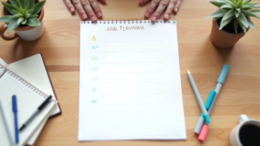 Metas e planos escritos num papel com gráficos de progresso, marcadores coloridos, mesa organizada com café