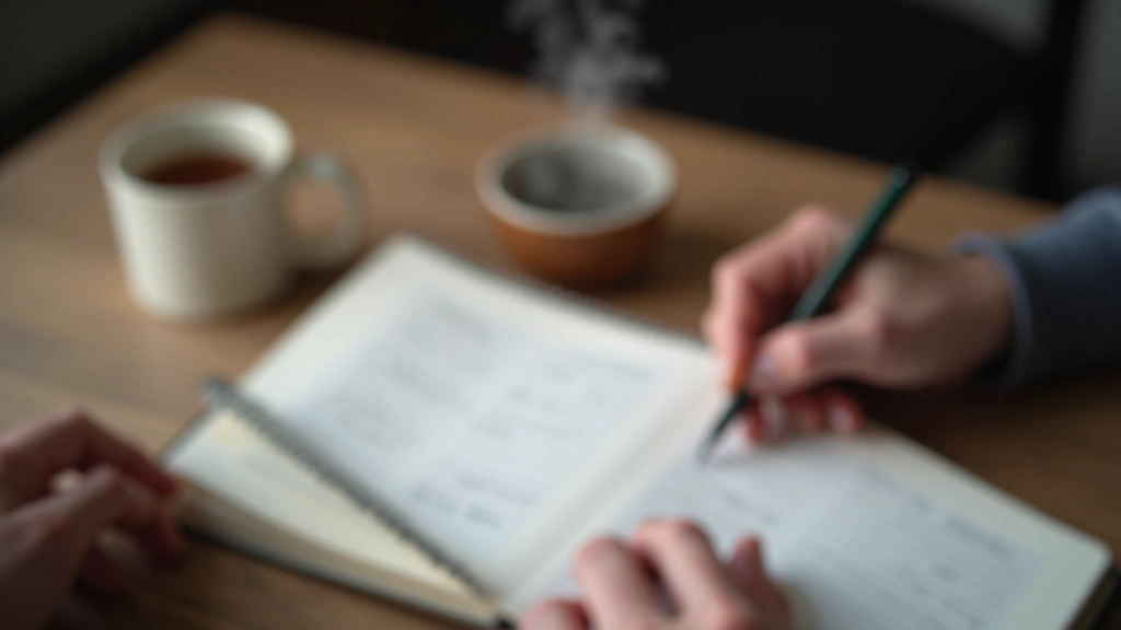 Mão escrevendo num caderno com caneta-tinteiro, xícara de chá ao lado, vista de cima em superfície de madeira