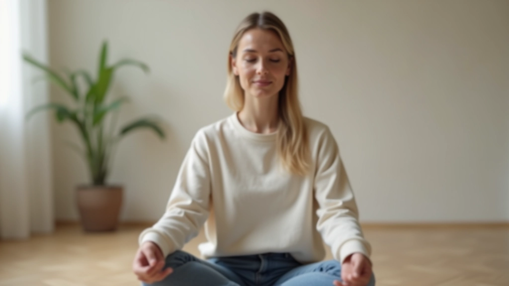 Pessoa em posição de meditação e respiração consciente, ambiente tranquilo e minimalista
