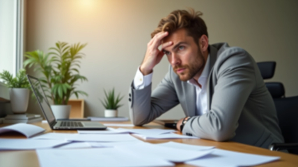 Pessoa segurando a cabeça em frustraçãofrente ao laptop com anotações de metas espalhadas pela mesa