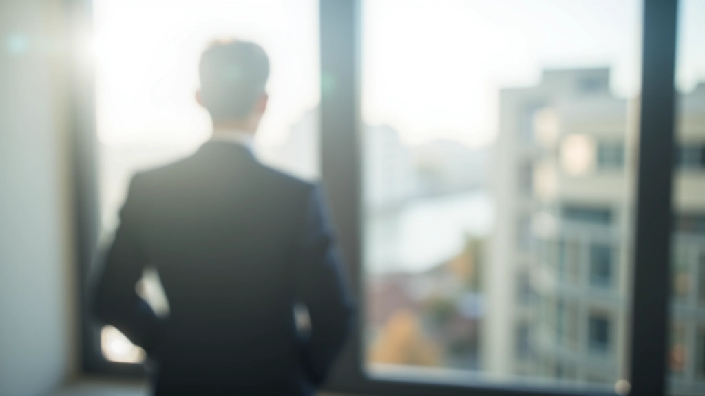 Pessoa de pé perto de uma janela de escritório olhando para o horizonte com confiança, mostrando determinação e clareza