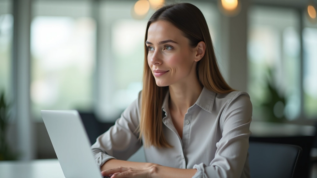 Mulher profissional sentada à secretária com laptop, documentos e xícara de café, expressão focada, luz natural