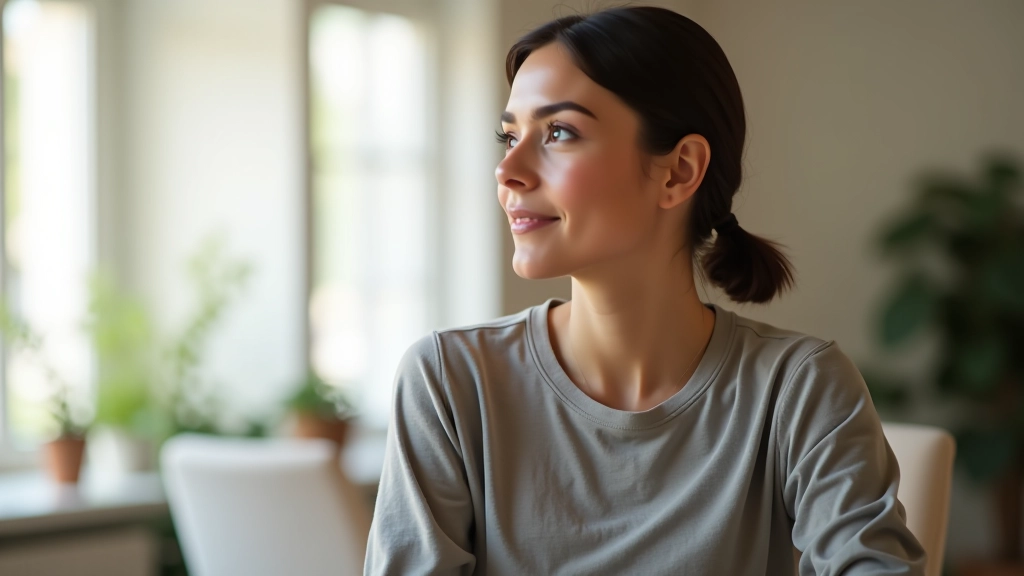 Pessoa num espaço calmo, a refletir e a tomar notas, luz natural da manhã, ambiente de trabalho sereno