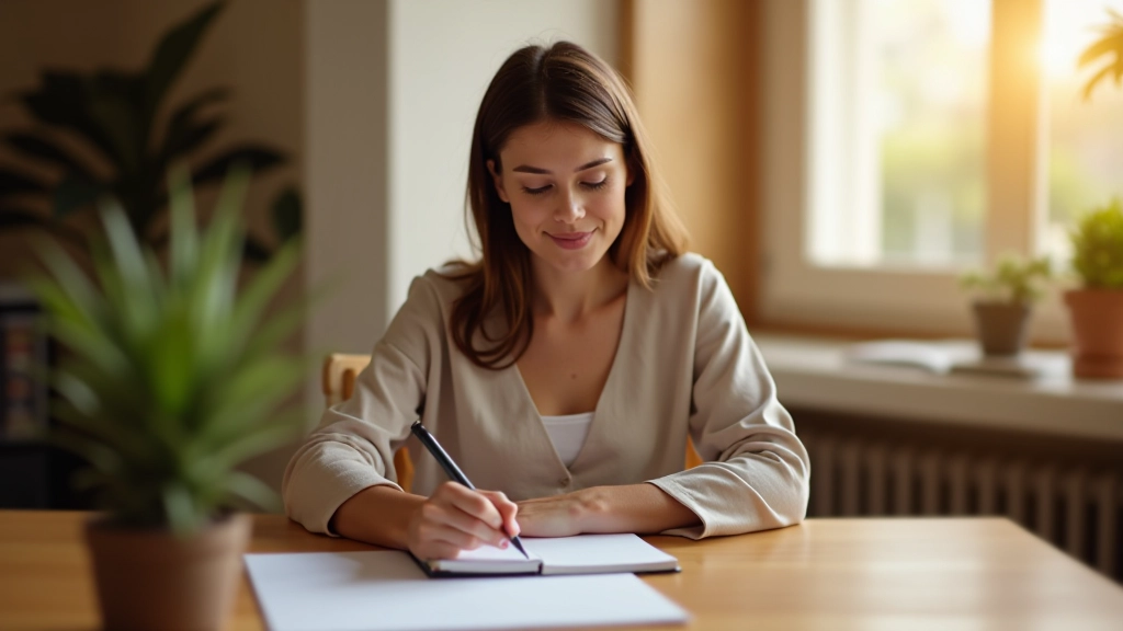 Pessoa escrevendo num diário pessoal com caneta em cima de uma mesa de madeira com plantas ao fundo
