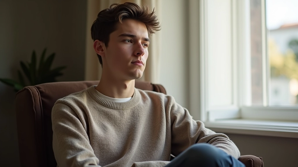 Pessoa jovem sentada numa cadeira confortável, olhando pela janela, pensativa, luz matinal natural